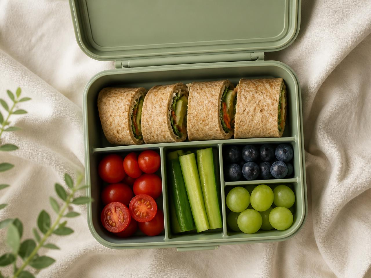 A freshly packed YumBox school lunchbox with fruit, vegetables and a wrap